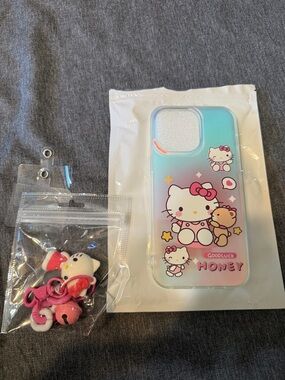 Hello Kitty Iridescent Pink and Aqua Gradient IPhone 14 Pro Max Case with Charms